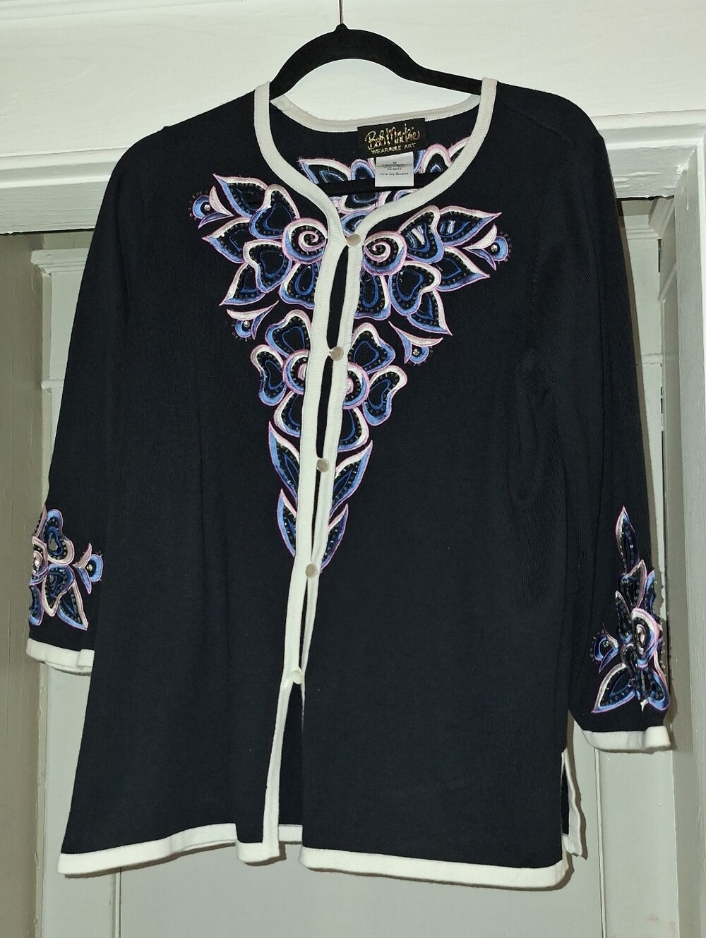 Bob Mackie Black Cardigan with Pink and Blue Embroidery
